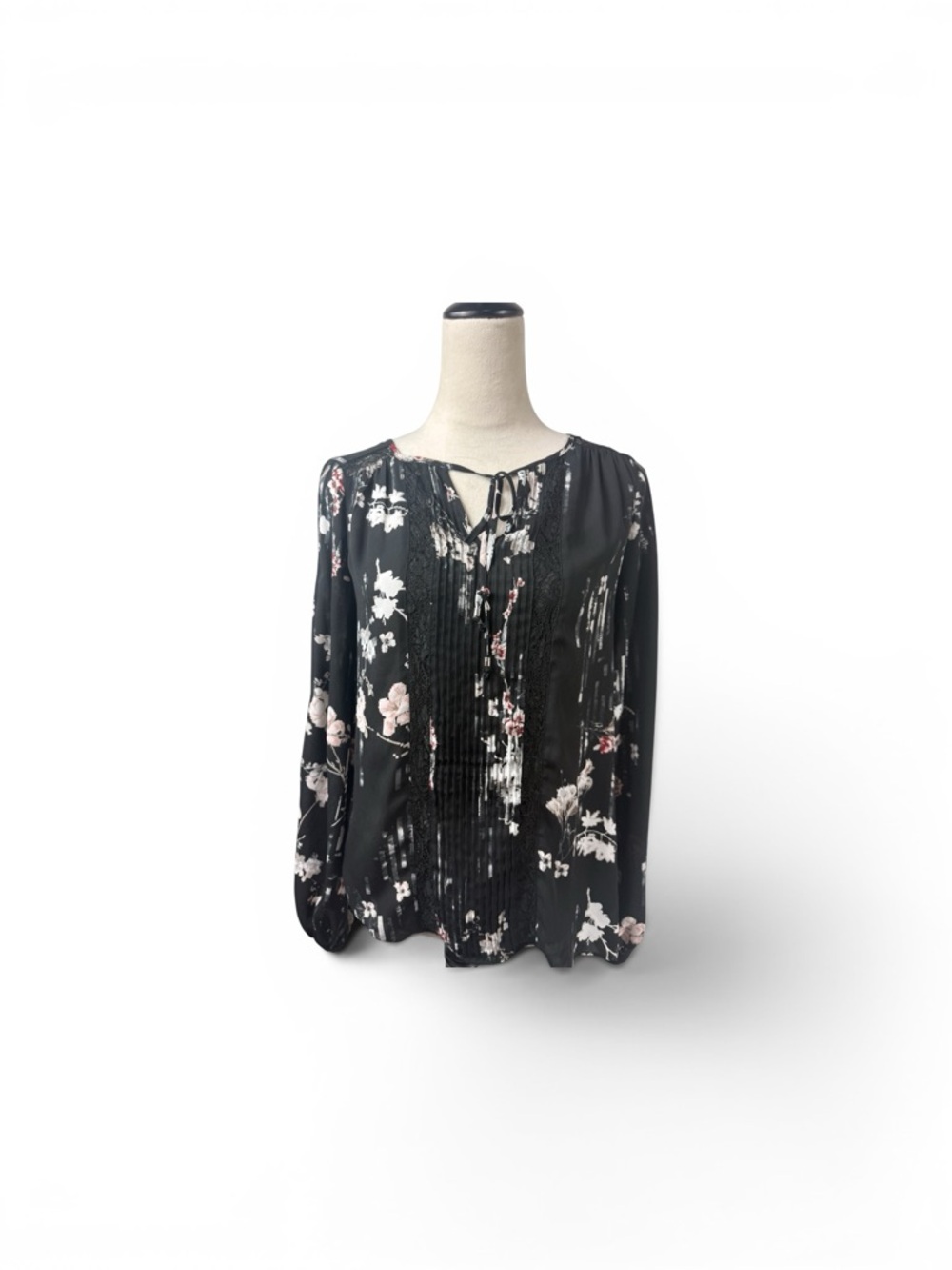 White House Black Market Black Floral Pintuck Tie-Neck lace detail  top size 0